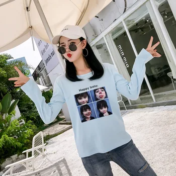 Jeseň nový štýl kórejský roztomilý dievča štyri-shot tlač dlhým rukávom T-shirt ženy voľné tričko klesnutie